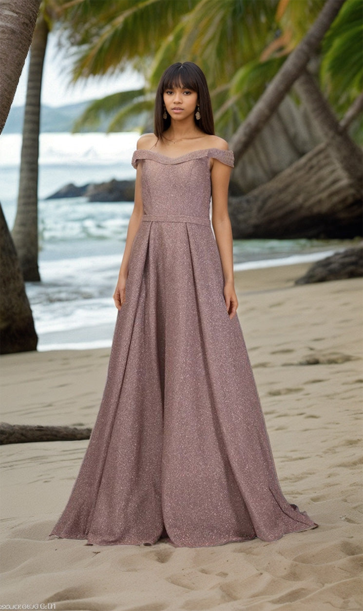 A woman in the Off-Shoulder Long A-Line Prom Dress: Chicas BT9025 stands on a sandy beach, palm trees swaying and ocean sparkling behind her, the shimmery mauve gown catching the light.